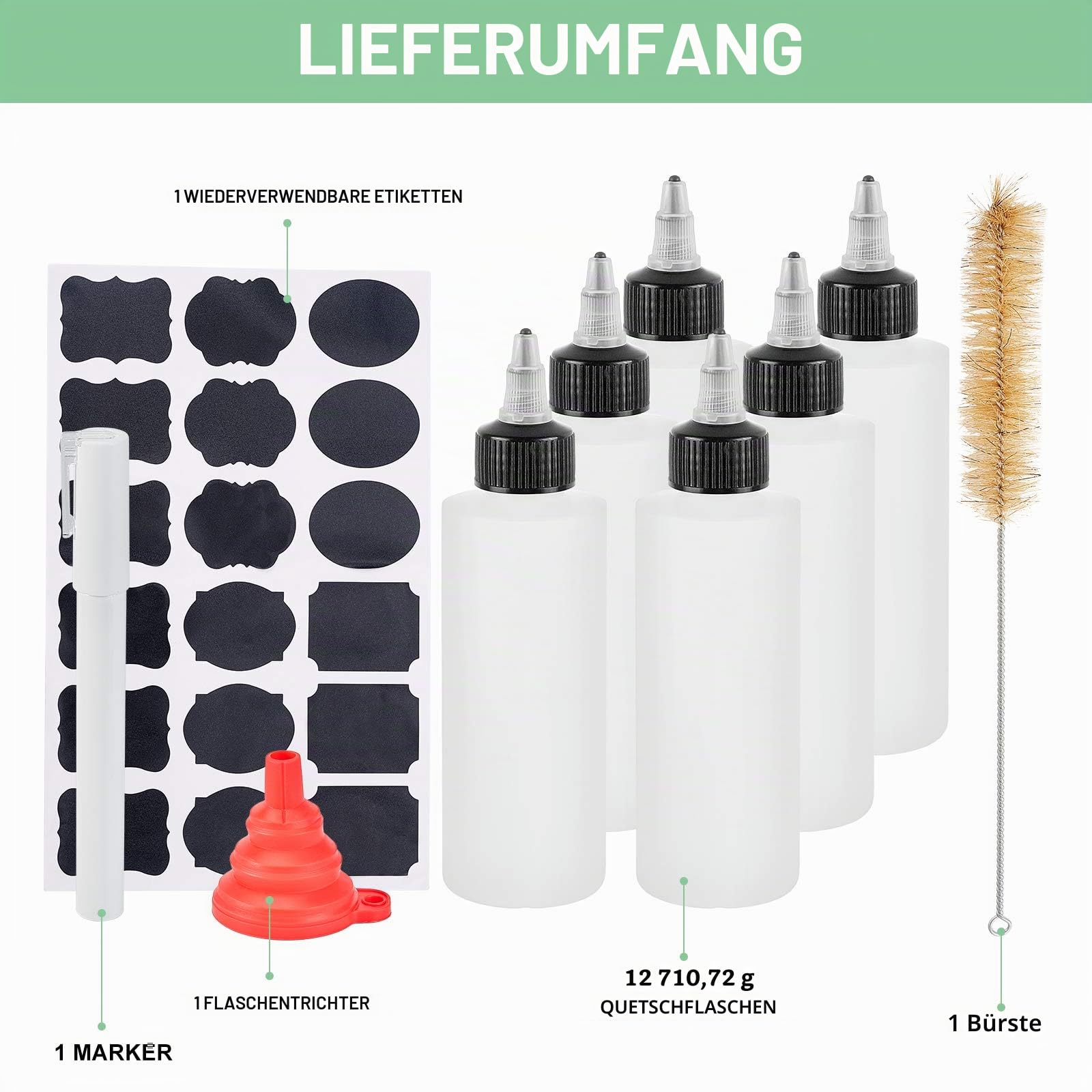 BENECREAT 12 Packung 150ml Plastik Quetschflaschen mit schwarzer Twist Cap Klebeflasche mit Trichter, Reinigungsbürste, Aufkleberetikett und Markierungsstift für Kunsthandwerk, Kunst, Kleber