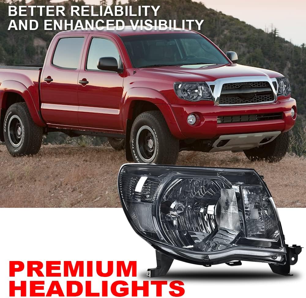 CNNELL Chrome Headlight Assembly Headlamp Lamps Left+Right Compatible with Toyota Tacoma Base/Pre-Runner/X-Runner/SR5 2005-2011 (Smoky Lens Chrome Housing Clear Reflector)