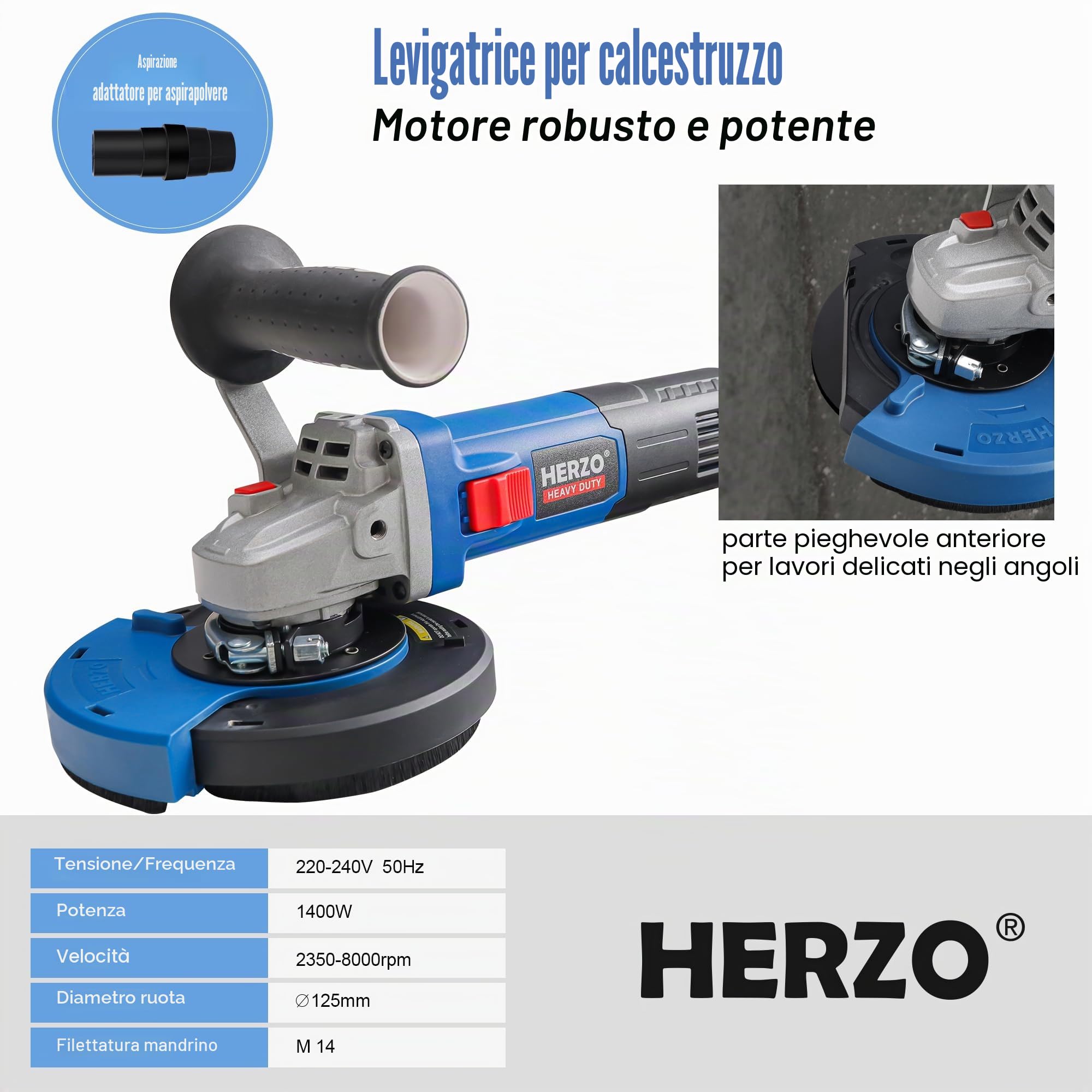 HERZO Smerigliatrice per calcestruzzo, set con mola diamantata e cappa di aspirazione, 1400 W (125 mm)