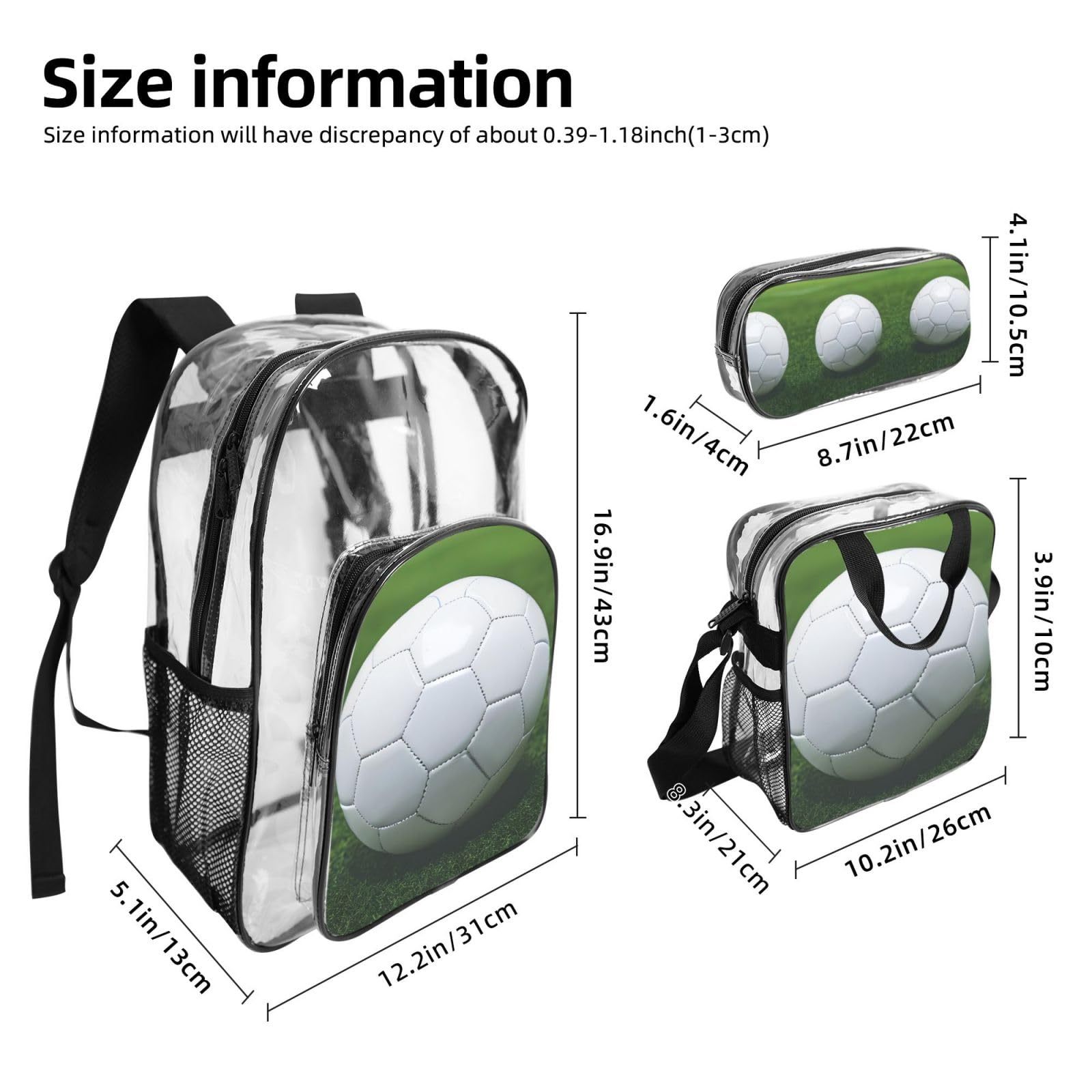 Juego de mochila 3 en 1 con estampado de balón deportivo de fútbol, bolsa transparente para eventos escolares, trabajo, estadio y transporte diario