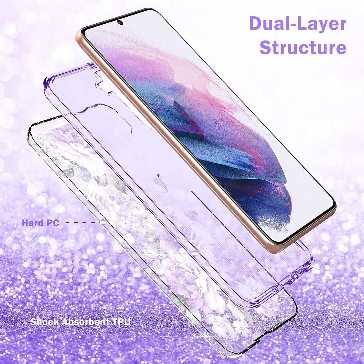 Hocase for Galaxy S21 Case, (with 1 Tempered Glass Screen Protector) Shockproof Soft TPU+Hard Plastic Full Body Protective Case for Samsung Galaxy S21 5G (6.2" Display) 2021 - Purple Peony/Glitter