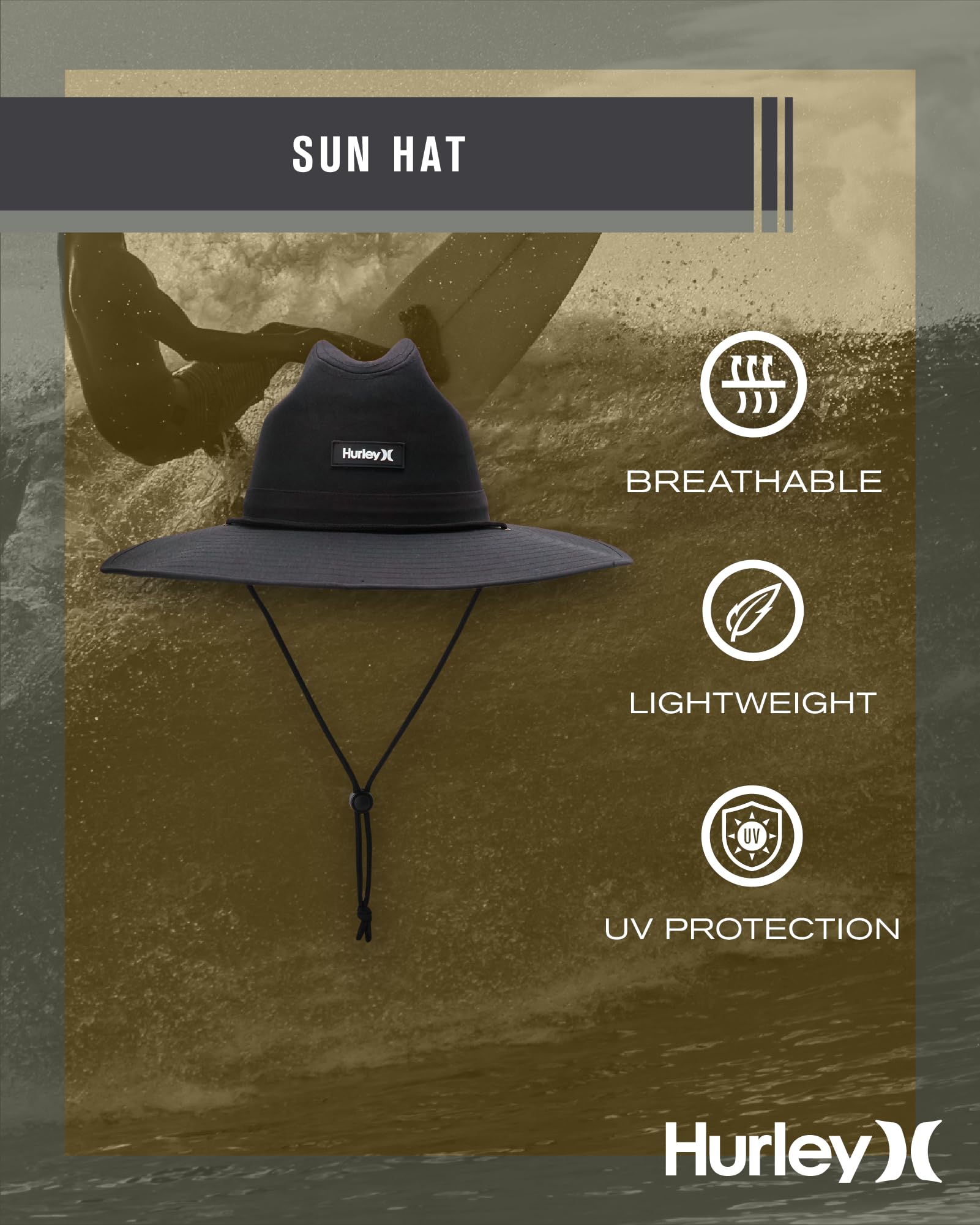 Hurley Men's Sun Hat - Wide-Brim Tropical Print Lifeguard and Summer Beach Hat for Men with Chin Strap, Size One Size, Black