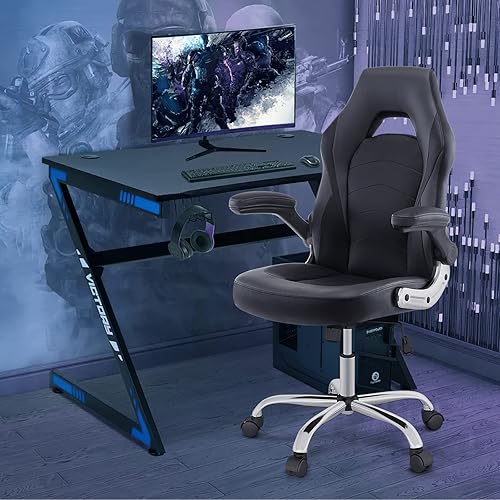 Miniatura 2 de MCQ Silla ergonómica con reposabrazos abatibles acolchados y soporte lumbar, piel sintética, altura ajustable, giratorio, función mecedora, para