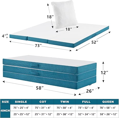 Miniatura 31 de SINWEEK Colchón plegable de espuma viscoelástica, cubrecolchón plegable de 4 pulgadas, cama de invitados certificada CertiPUR-US con funda de