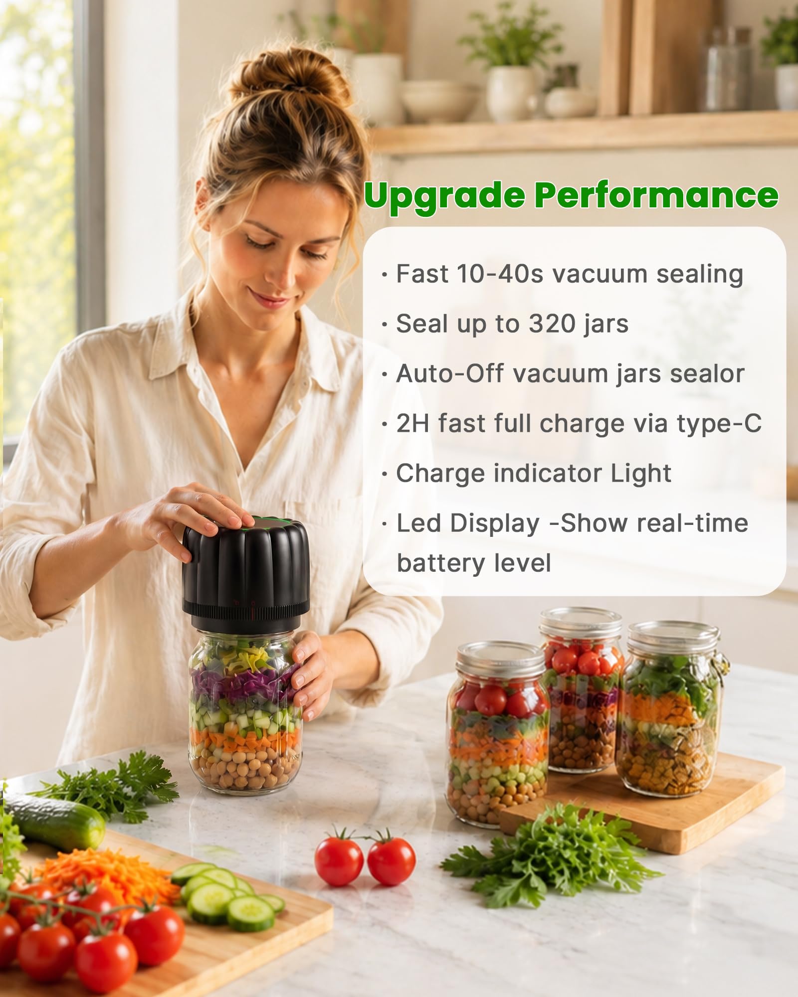 Kit de scellage sous vide pour bocaux Mason électriques avec 10 couvercles, système d'arrêt automatique sans fil pour le stockage des aliments, la cuisine, le camping