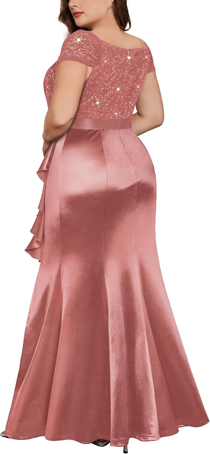 MISSMAY Women's Plus Size V Neck Sequin Lace with Satin Ruffle Trim Slit Mermaid Hem Evening Party Fomal Dress - Image 2