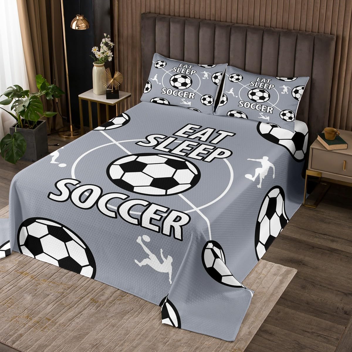 jejeloiu Eat Sleep Football Quilted Coverlet Kids Soccer Bedspread King Size Rugby Sports Coverlet Set for Room Decor Breathable Soft Lightweight Microfiber Grey Ball Game with 2 Pillow Case
