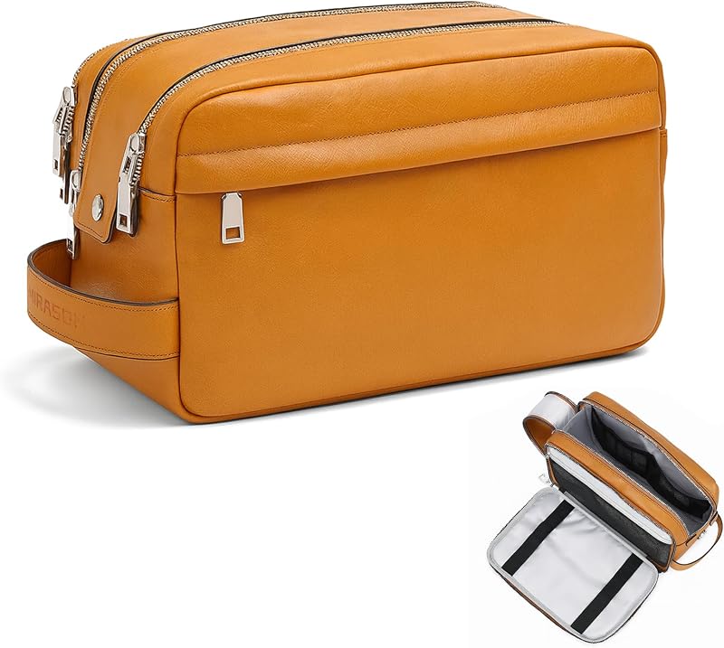 MIRASON Necessaire masculina de viagem em couro sintético PU marrom com zíper duplo e bolso lateral