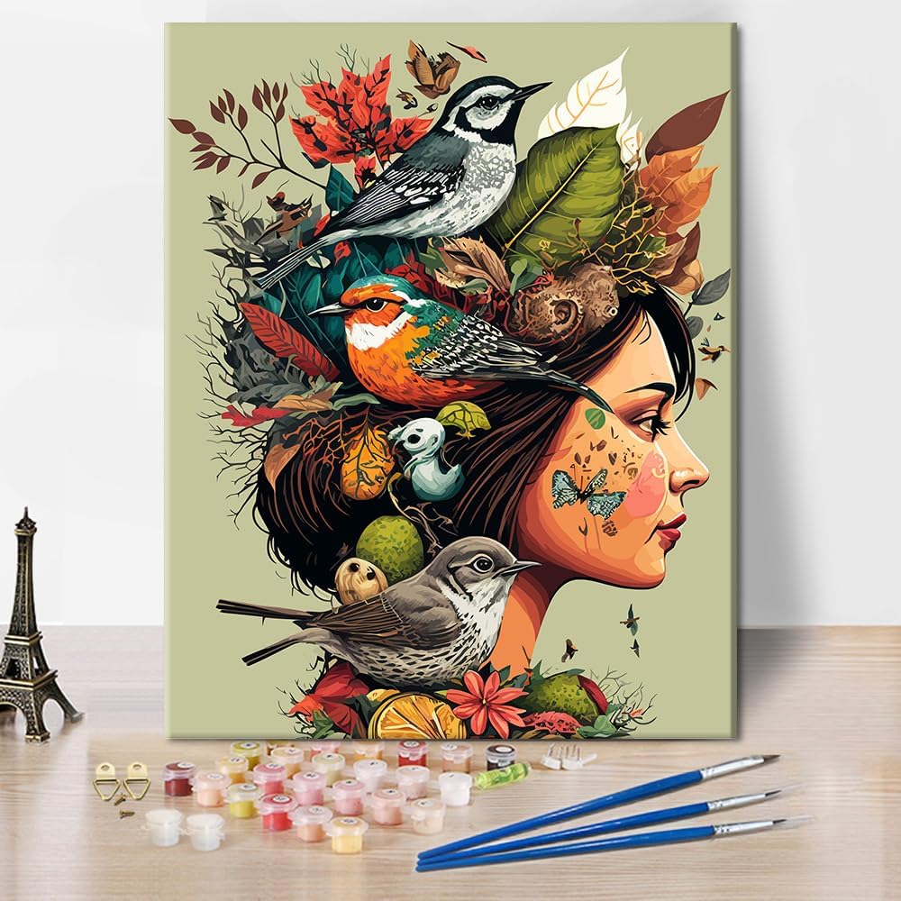 TUMOVO DIY Girls Paint by Numbers Kits on Canvas, Leaf and Birds Paint by Numbers Kits for Adults and Beginners for Home Wall Decor Gift 16x20 inch