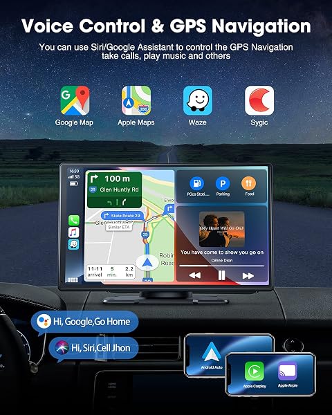 LAMTTO 9 Inch Wireless Car Stereo with Apple Carplay and Android Auto,Portable Touch Screen GPS Navigation for Car,Car Audio Receivers with Bluetooth,Airplay,AUX,Screen for All Vehicles - 2