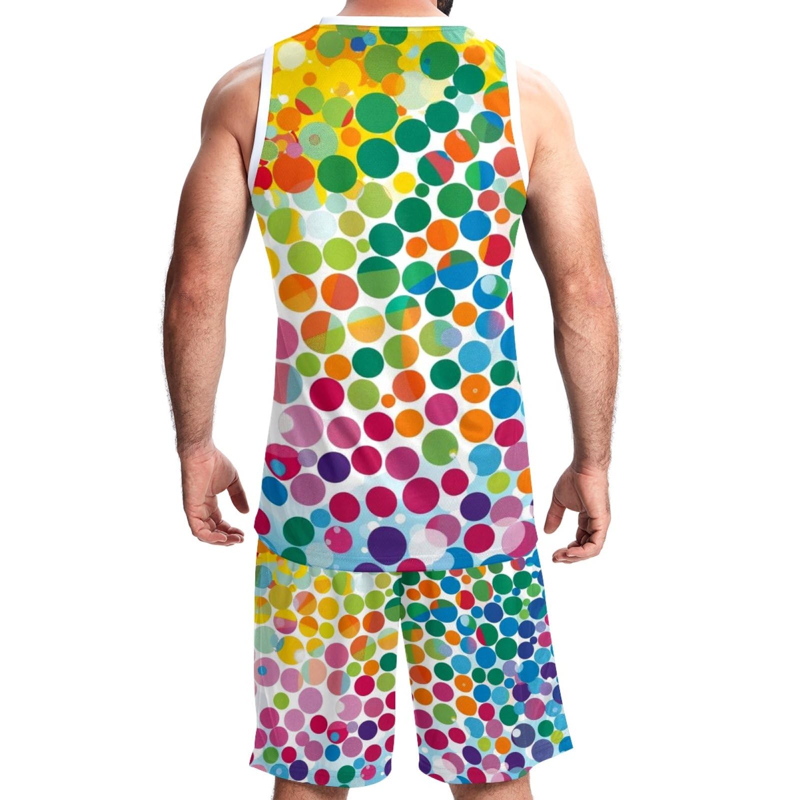 Herren-Basketballanzug mit Taschen, Sportbekleidung für Männer, Teenager, Teamuniform, Kunst, bunte Punkte, Größe 5XL