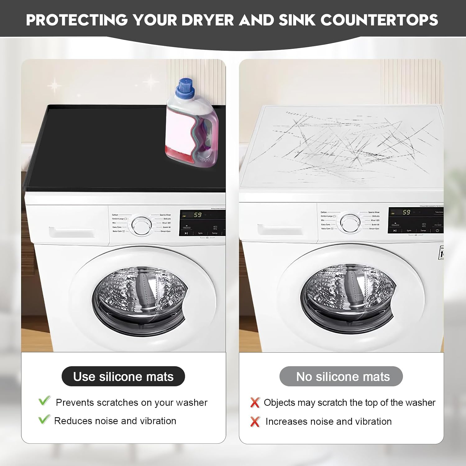 2 PCS Washer and Dryer Top Protector Mat, 27''x 27'' Silicone Washer and Dryer Covers for Top,Non Slip Heavy Duty Washing Machine Cover Protector Top Load for Laundry and Kitchen, Black