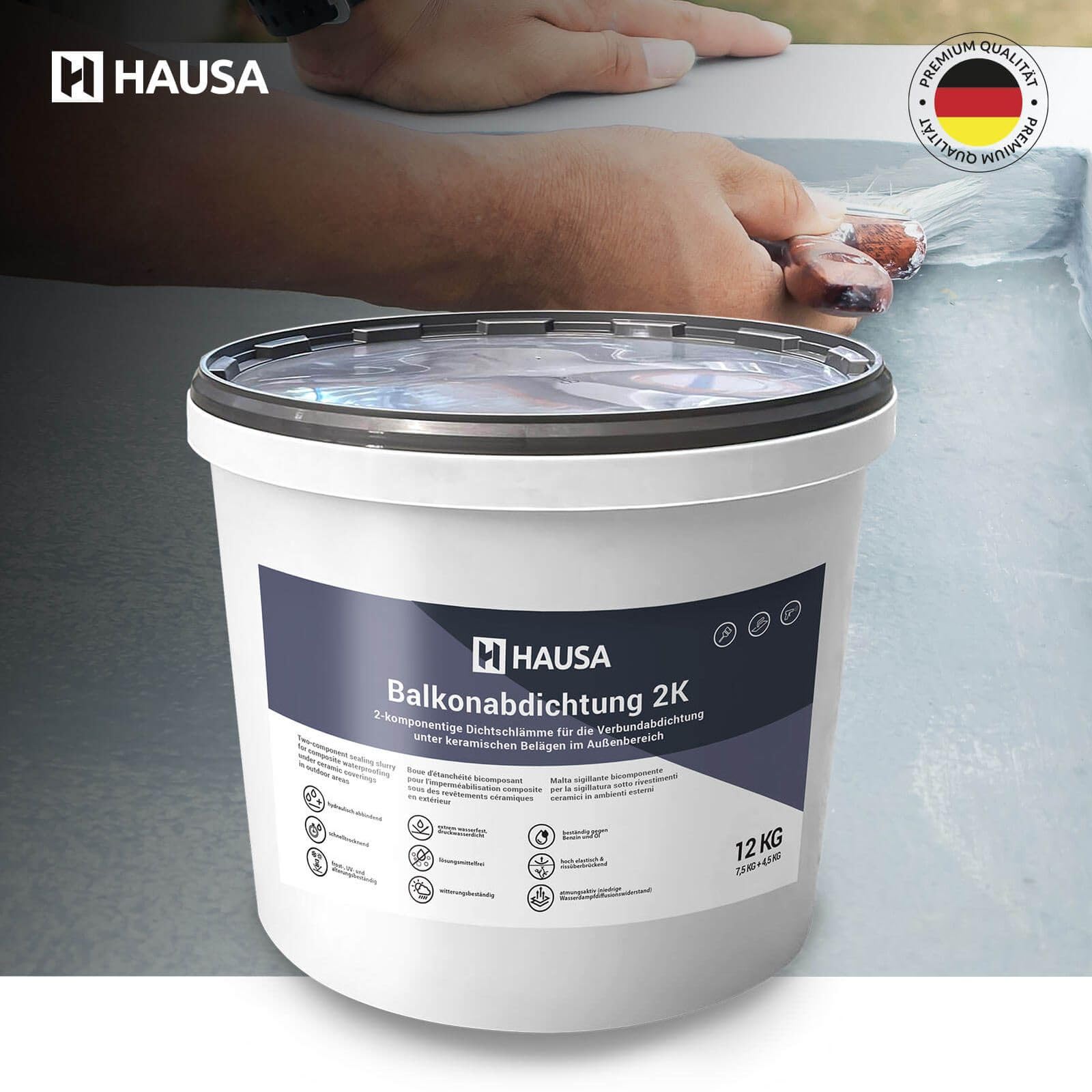 Hausa Balkonabdichtung 2K, 12kg flexible Dichtschlämme zur Abdichtung von Balkon, Terrasse, Bad, Dusche, Keller, Fundamente; Dichtungsmasse für Außenbereich, frost-, UV- und alterungsbeständig