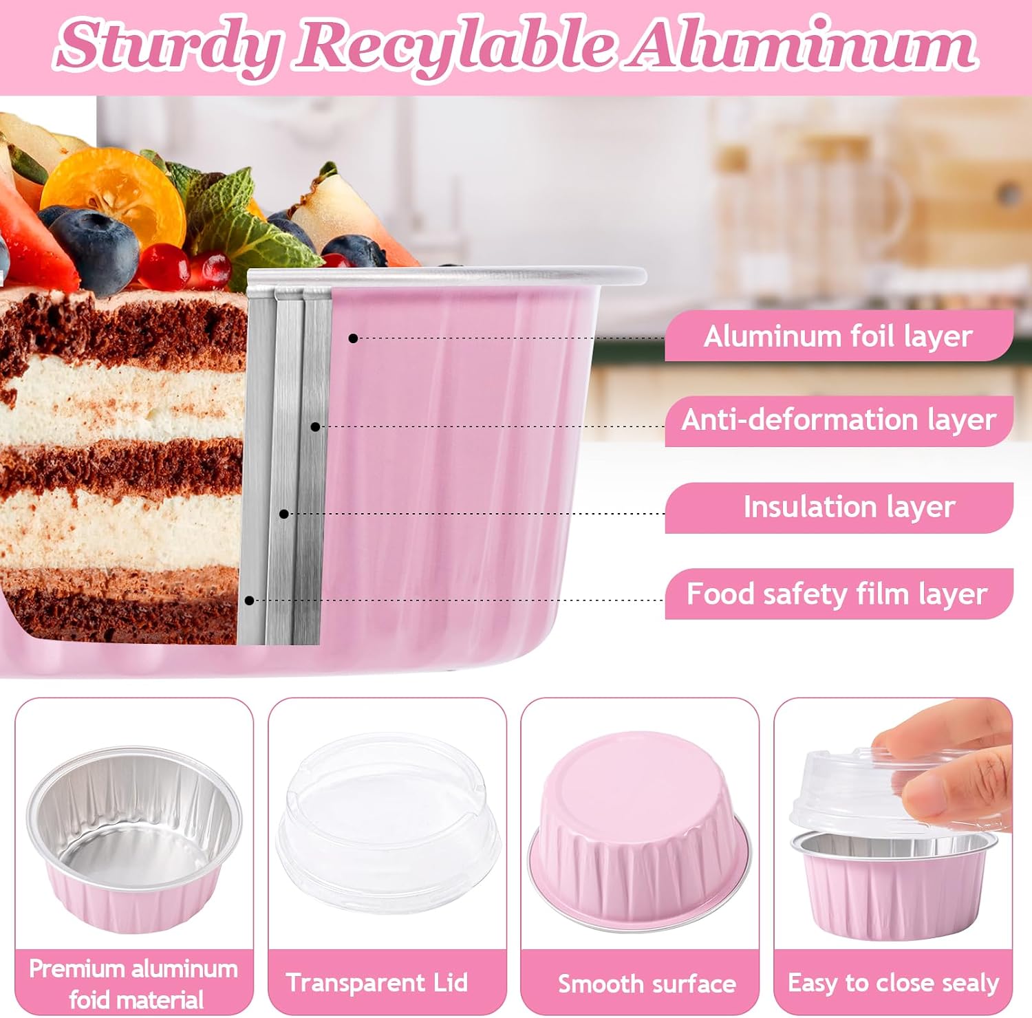 50Pack Baking Cups with Lids, 5oz 125ml Foil Muffin Liners Cup, Pink