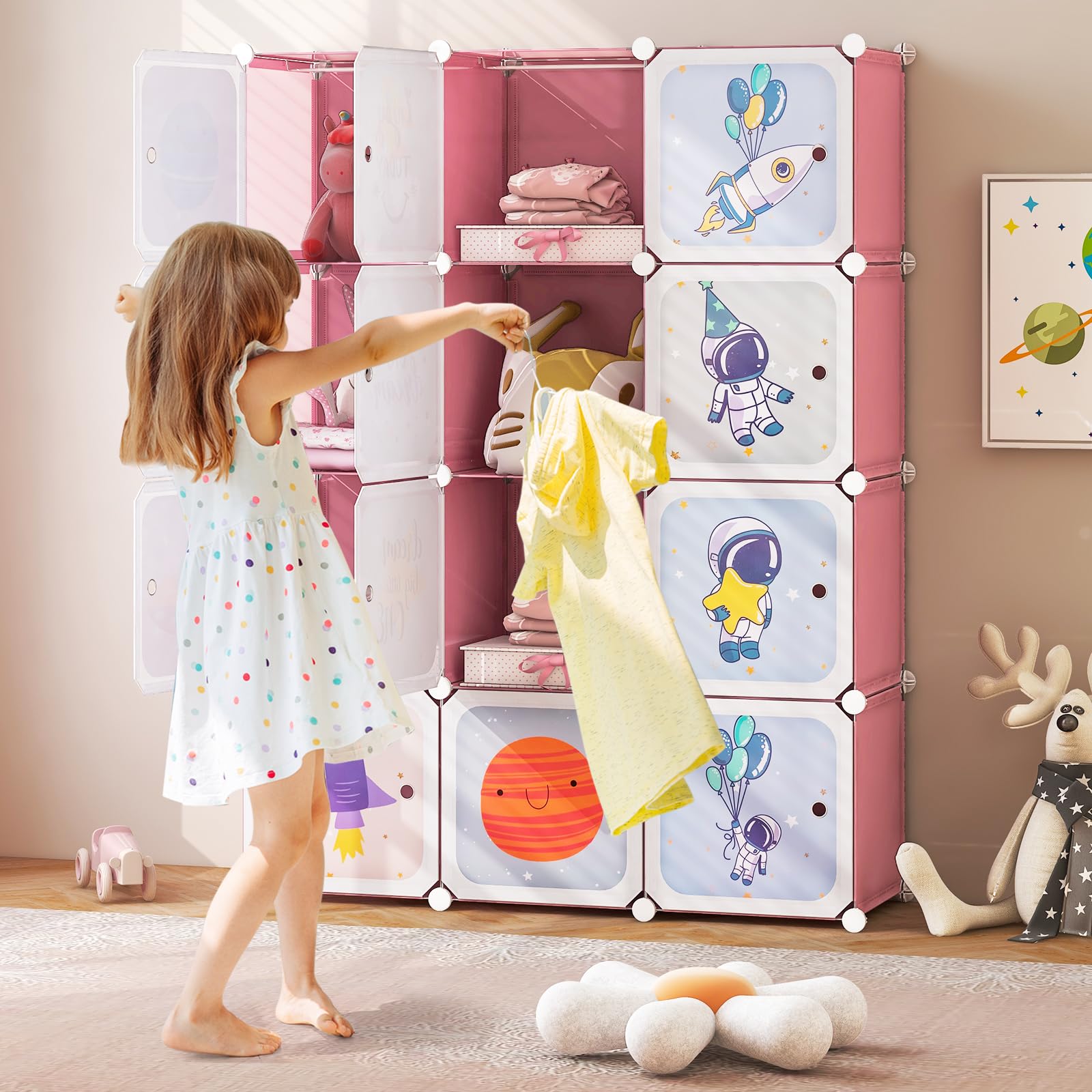COSTWAY Armario Modular Infantil 12 Cubos 2 Secciones Colgar Estantería Organizador Almacenaje Juguetes 109x37x145 cm Rosa