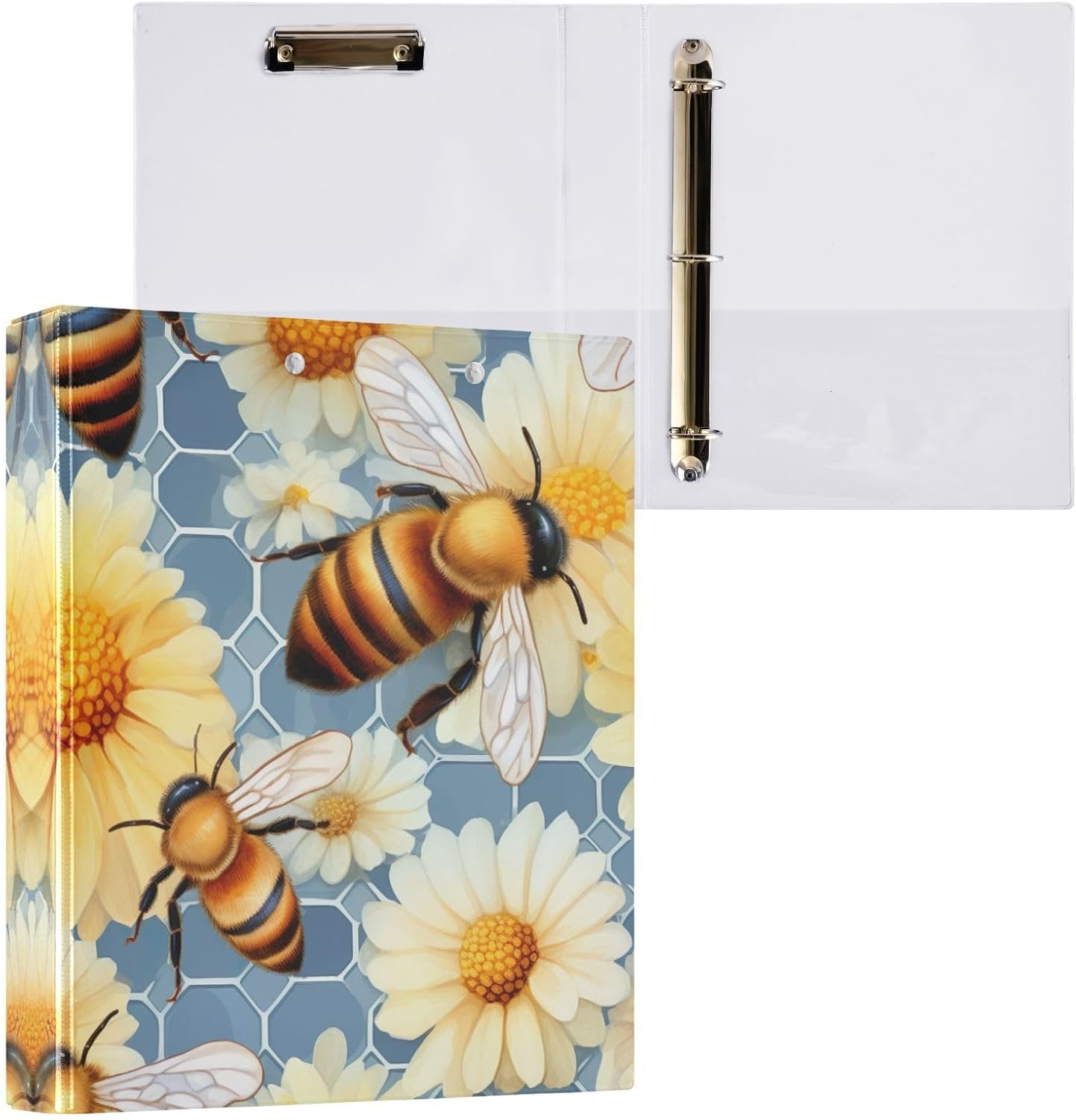 SPRIPORT Honey Bees Flowers Daisies 1.5 Inch 3 Ring Binder Holds 200 Sheets for Office Supplies PVC Round Ring Binder with Interior Clear Pockets 3 Ring Notebook Binder for Home Work Man Woman
