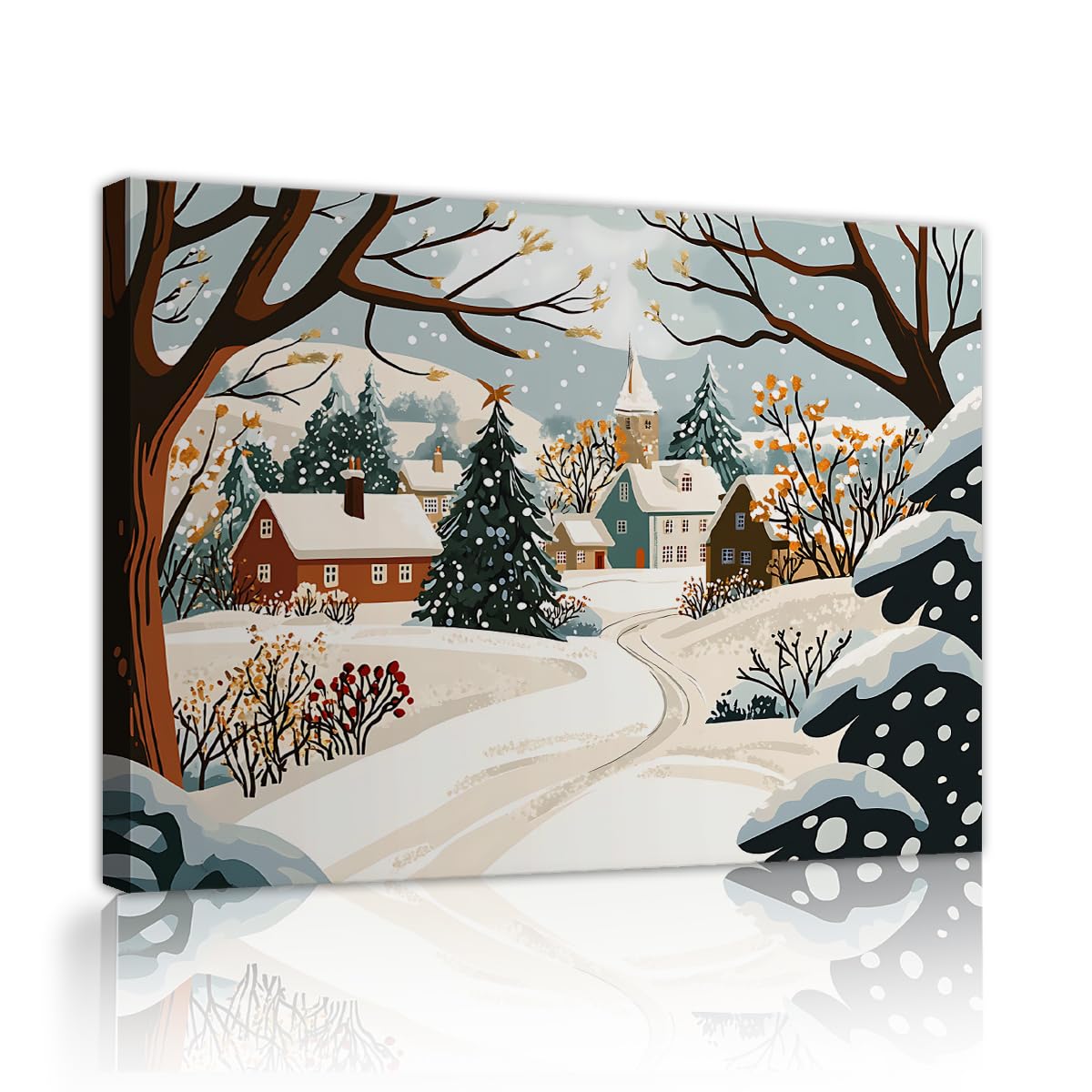 Via Vela Winter Village Wall Art Canvas Poster Cozy Snowy Town Painting Country Cabin Christmas Tree Picture Retro Farmhouse Landscape Artwork for Living Room Bedroom Decor 30x45cm