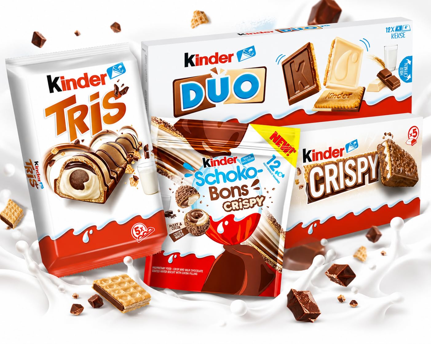 Box Assortita LIMITED EDITION per kinder con 4 Pezzi: Tris 100g, SchokoBons Crispy 67,2g, Duo 150g e Crispy 170g - Snack Dolci al Cioccolato Idea Regalo