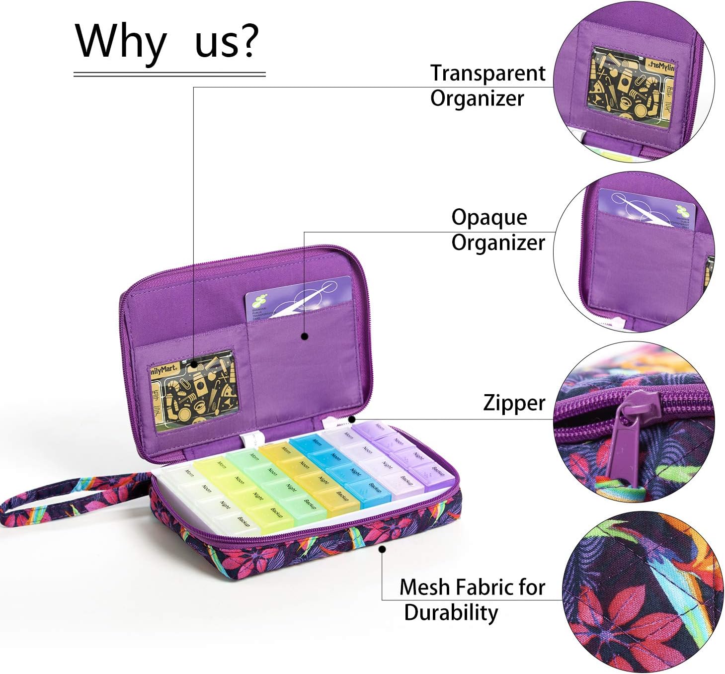 Weekly Pill Organizer, Weekly Pill Case Box Portable Travel Large Compartments for Vitamins Fish Oil (Purple)