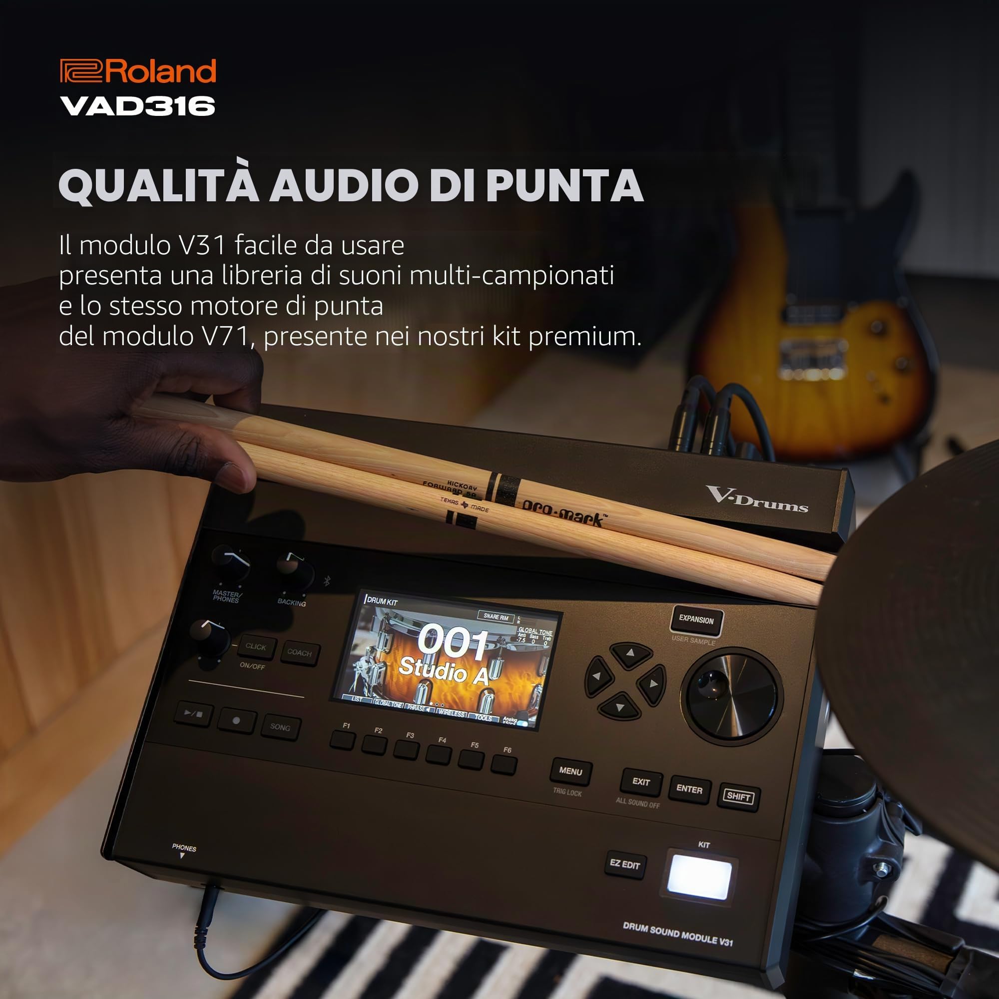 Roland VAD316 V-Drums - Kit batteria a V con design acustico serie 3 a 5 pezzi | Modulo audio V31 | Tecnologia audio avanzata | Conchiglie in legno a bassa profondità e tamburo di dimensioni