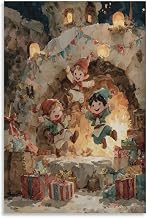 Vintage Christmas Children's Room Wall Decoration Watercolor Poster of Dancing Elves by The Fireplace Decorative Paintings for Living Rooms And Bedrooms 12x18inch(30x45cm)