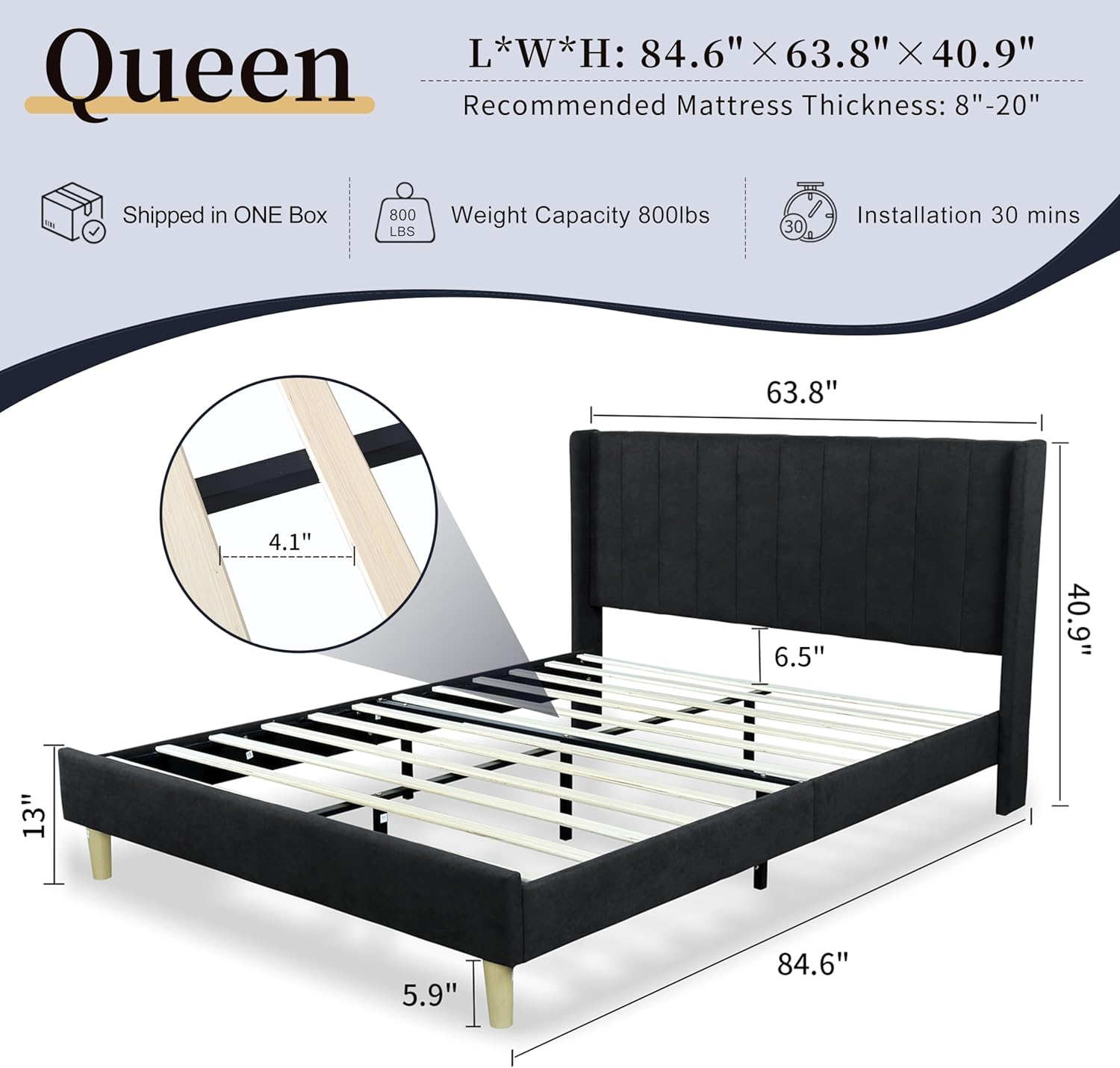 Queen Bed Frame with Headboard, Platform Bed Frame with Linen Vertical Channel Tufted Wingback, Wooden Slat Support, No Box Spring Needed, Easy Assembly, Upholstered Mattress Foundation, Black