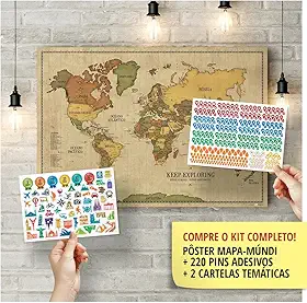 Pôster Mapa-Múndi Vintage A1 (84x59cm) + 220 Pins Adesivos p/Marcar suas Viagens