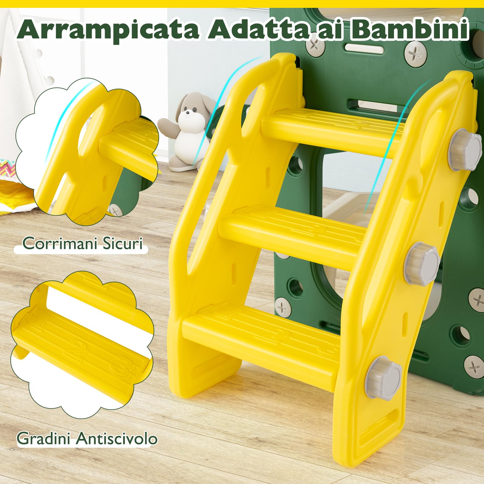 COSTWAY 10 in 1 Set Scivolo per Bambini, Scivolo e Arrampicata con Lavagna Magnetica, Telescopio, Lancio ad Anelli, Canestro da Basket, Tunnel, Parco Giochi per 18 Mesi+
