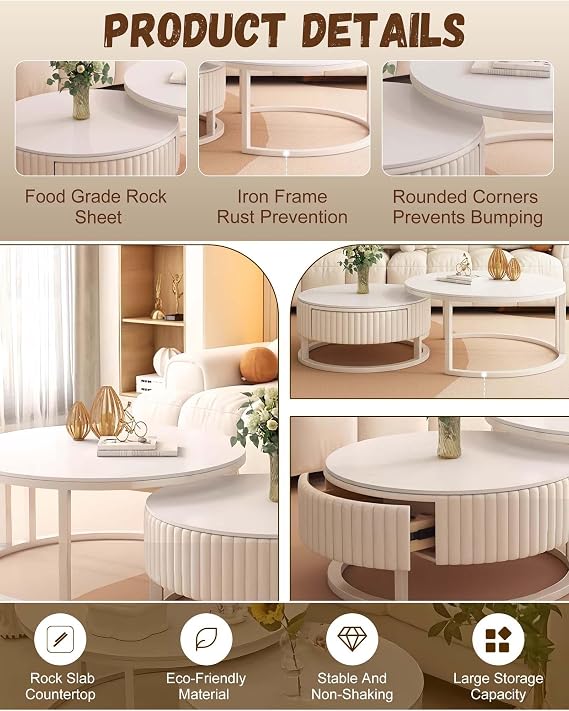 White Round Coffee Table Set of 2 Modern High Gloss Sofa Table Side Table for Living Room 50 + 70 cm Nested Round Coffee Table Living Room Table Coffee Table Nesting Tables for Bedroom