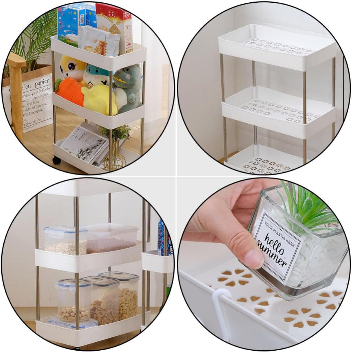 Housoutil Multi-Purpose Rolling Storage Cart with 3 Shelves, Large Capacity White Pp and Stainless Steel Organizer Rack for Living Room and Toilet with Removable Design and Elegant Fresh