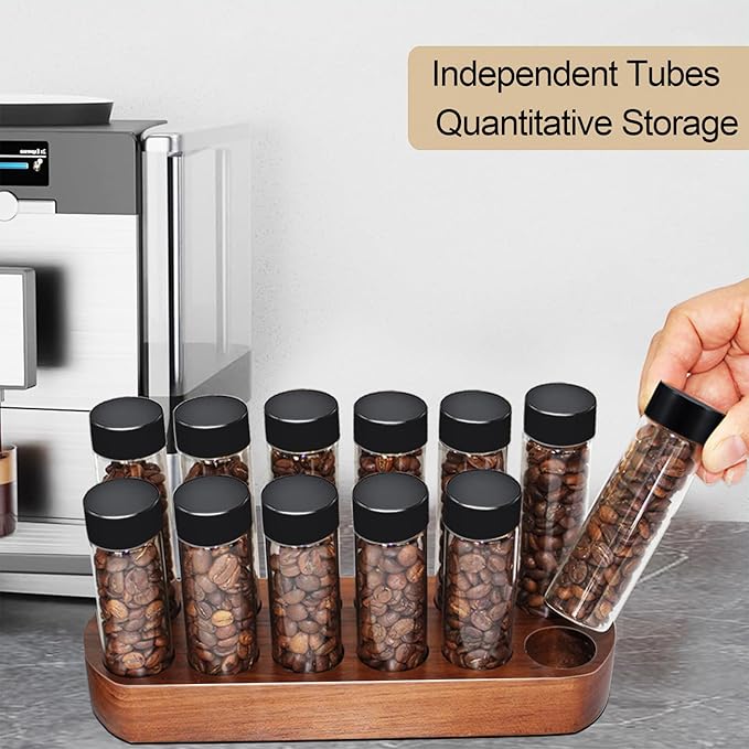 Set de 12 Tubos de Vidrio para Almacenar Café con Base de Madera miniatura 3