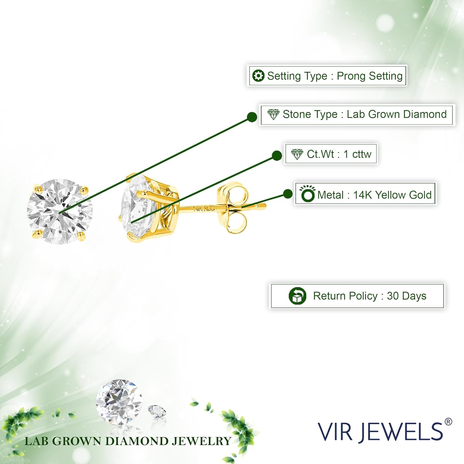 Vir Jewels 1/2 to 2 Carat Lab Grown Diamond Stud Earrings 14K Yellow Gold VS1 Clarity for Women in Round Prong Set - Image 2