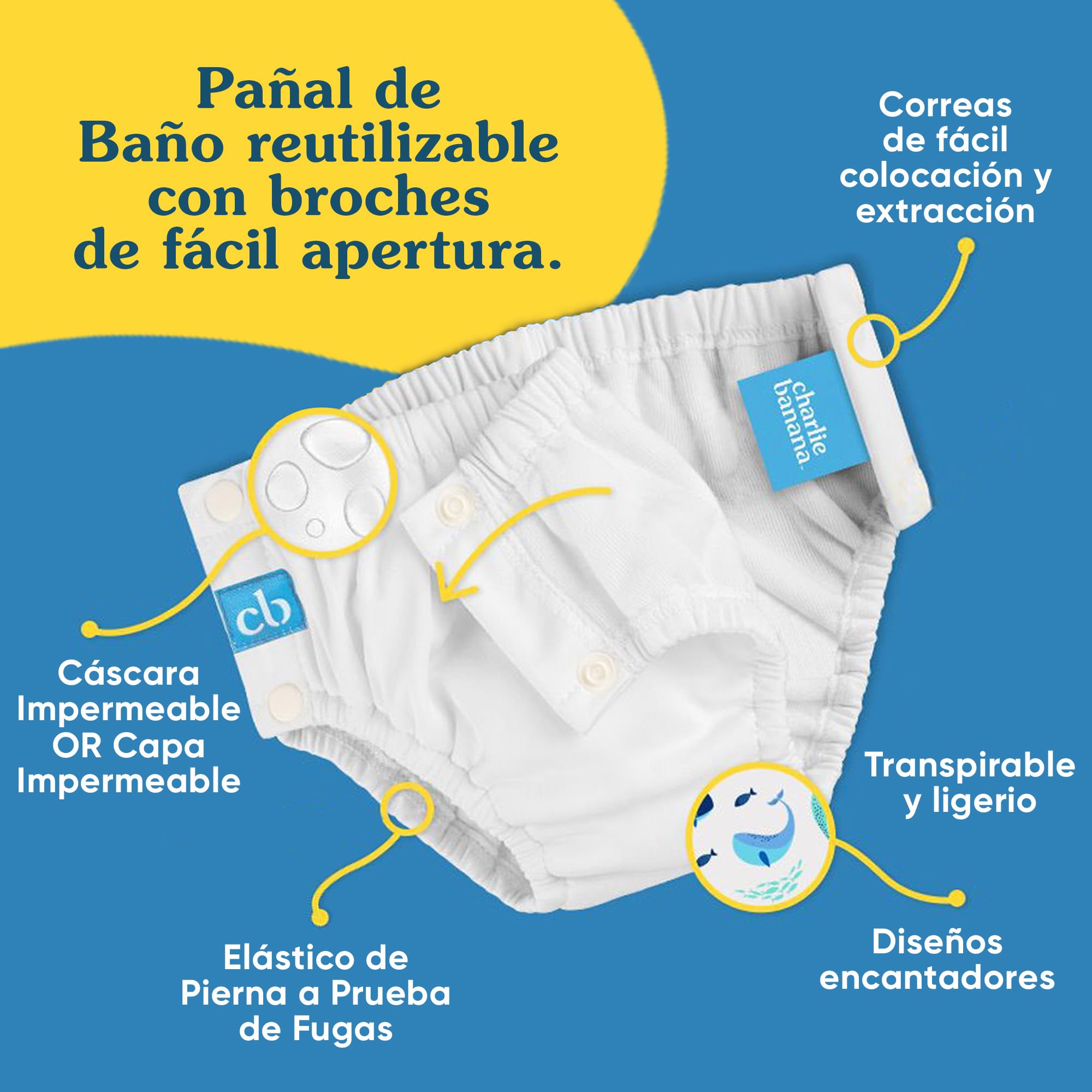 Charlie Banana Pañal de Baño reutilizable con broches de fácil apertura. Para bebés niñas y niños. Hechos con una capa exterior impermeable para prevenir fugas. M - White