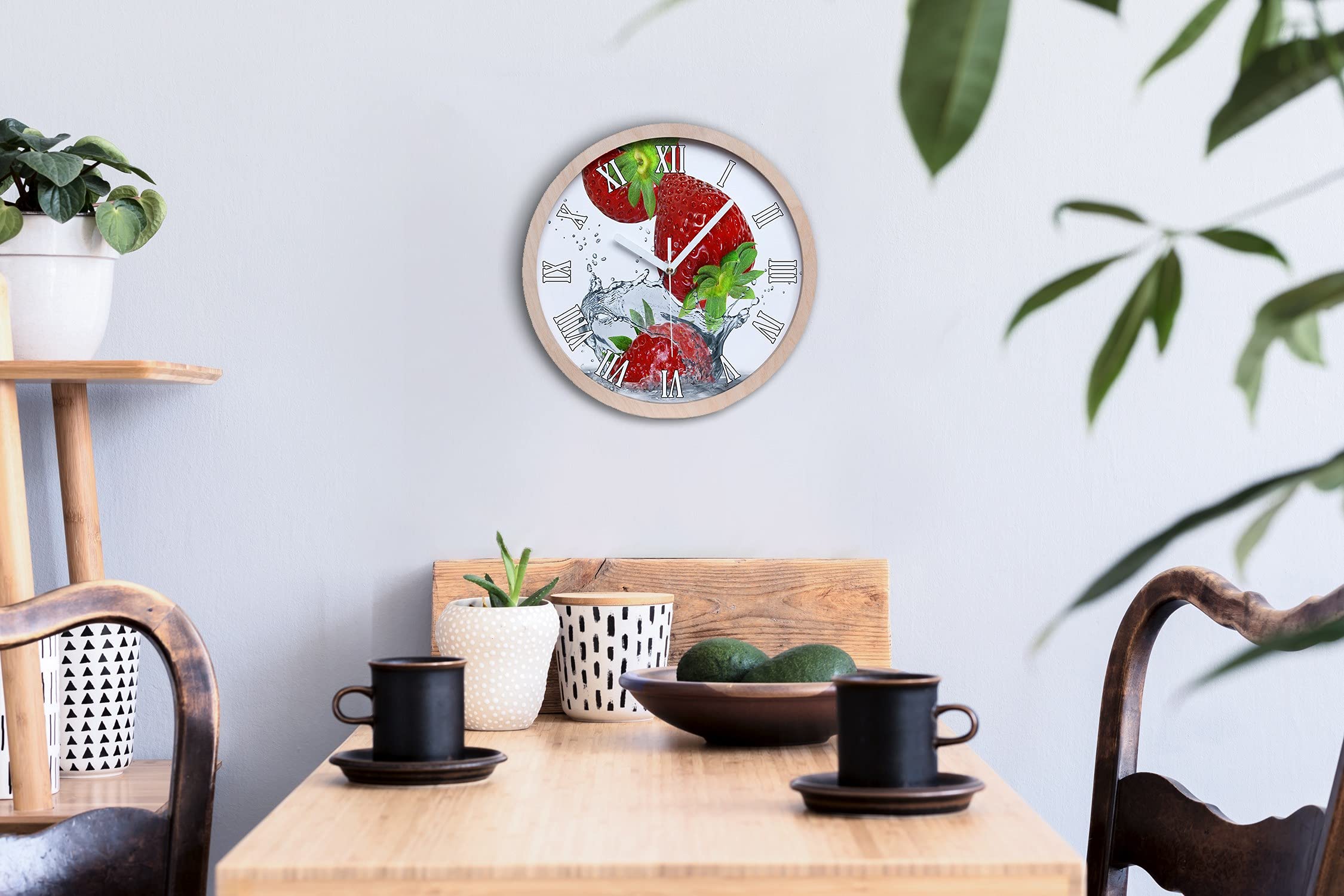 Tulup Holzuhr Wanduhr ⌀ 30cm Uhr Holz Stille Uhren Modern Runde Dekoration Weiße Uhrzeiger - Erdbeeren und Wasser