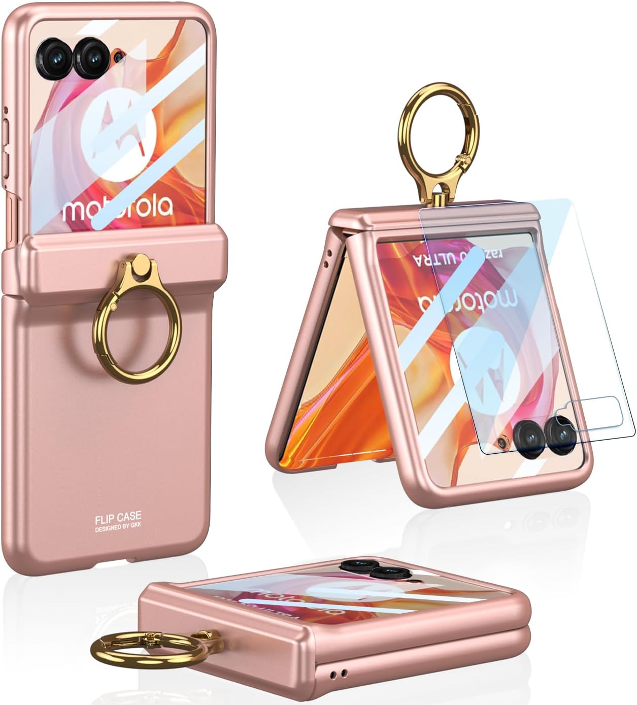 for Motorola Razr 50 Ultra Case with Built-in Front Screen Protector and Ring Kickstand & Magnetic Hinge Protection, Hard PC Slim Shockproof Protective Cover for Motorola Razr+ 2024(Pink)