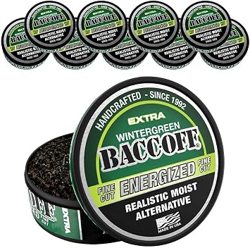 10 Cans, BaccOff Extra Wintergreen Energized Fine Cut, Strong Wintergreen Flavor with Caffeine and B Vitamins
