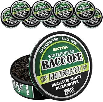 10 Cans, BaccOff Extra Wintergreen Energized Fine Cut, Strong Wintergreen Flavor with Caffeine and B Vitamins