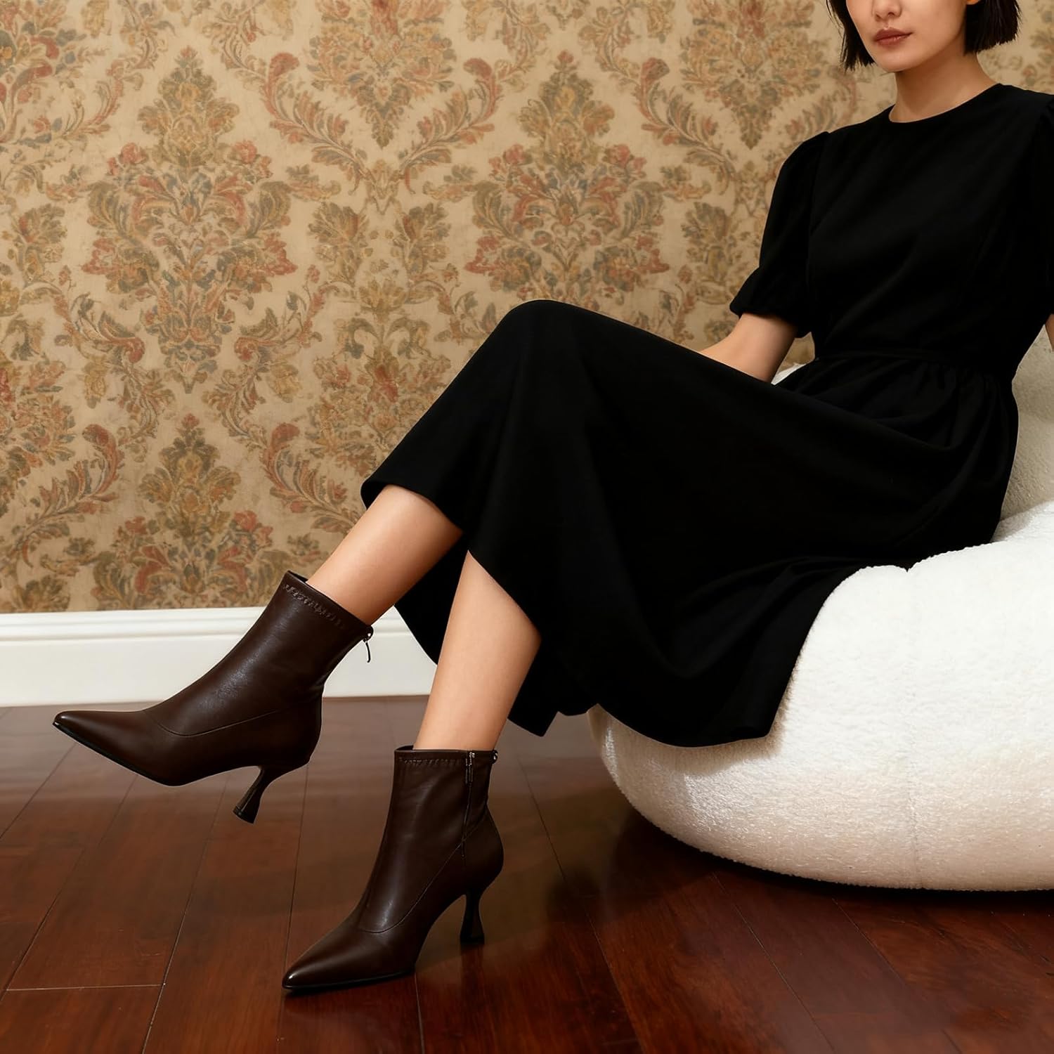 RIBONGZ Ankle Boots for Women Kitten Heeled Booties Back Zipper Pointed Toe Dressy Fur Mid Calf Short Stiletto High Heel Fashion Leather Suede Work Dress Shoes - Image 5