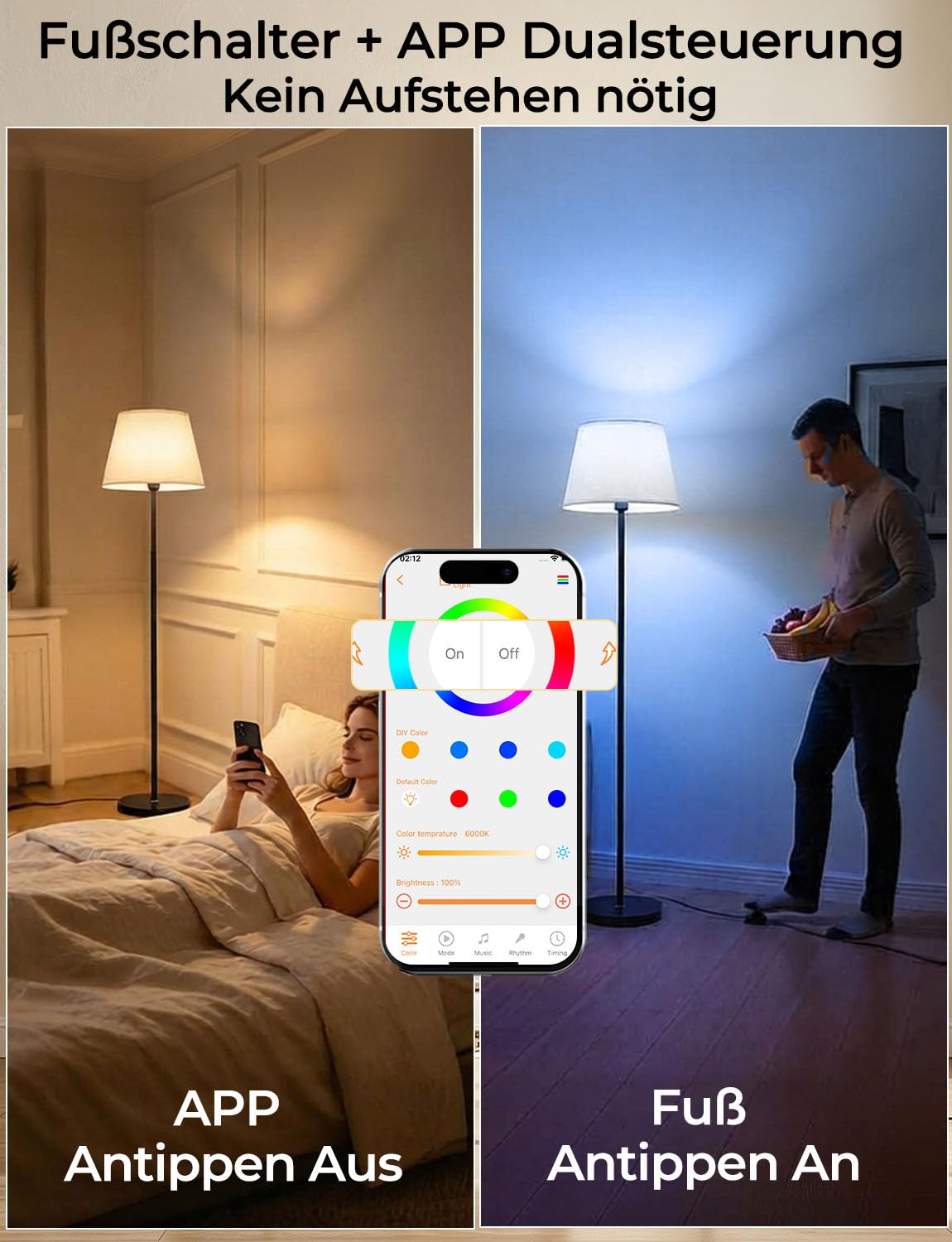 Intelligente LED Stehlampe Wohnzimmer Dimmbar RGB mit Fußschalter und App-Steuerung, 16 Millionen Farben, 152cm Moderne Stehlampe mit Glühbirne, 2700K-6000K, CRI92, 10W 1200LM für Schlafzimmer & Büro