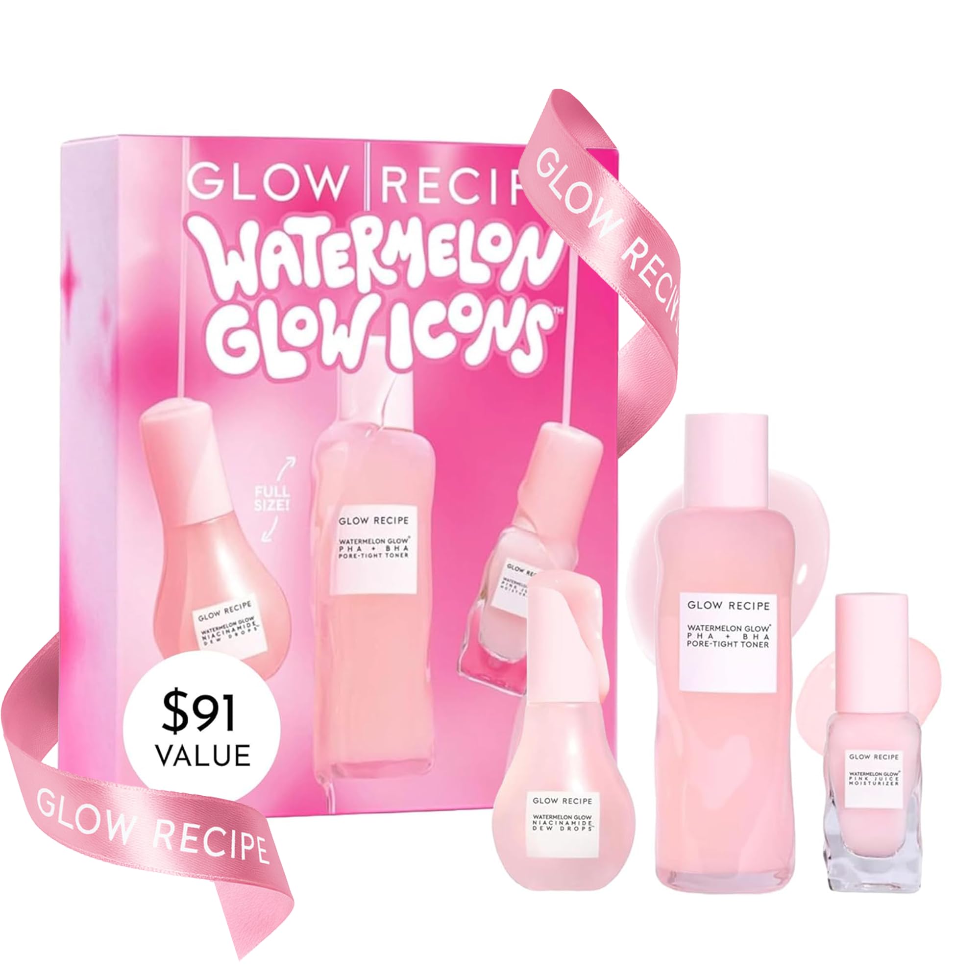 Glow Recipe Watermelon Glow Icons Skin Care Gift Set - Niacinamide Dew Drops Face Serum (40ml) + PHA + BHA Pore Minimizing Toner with Hyaluronic Acid (150ml) + Pink Juice Facial Moisturizer (25ml)