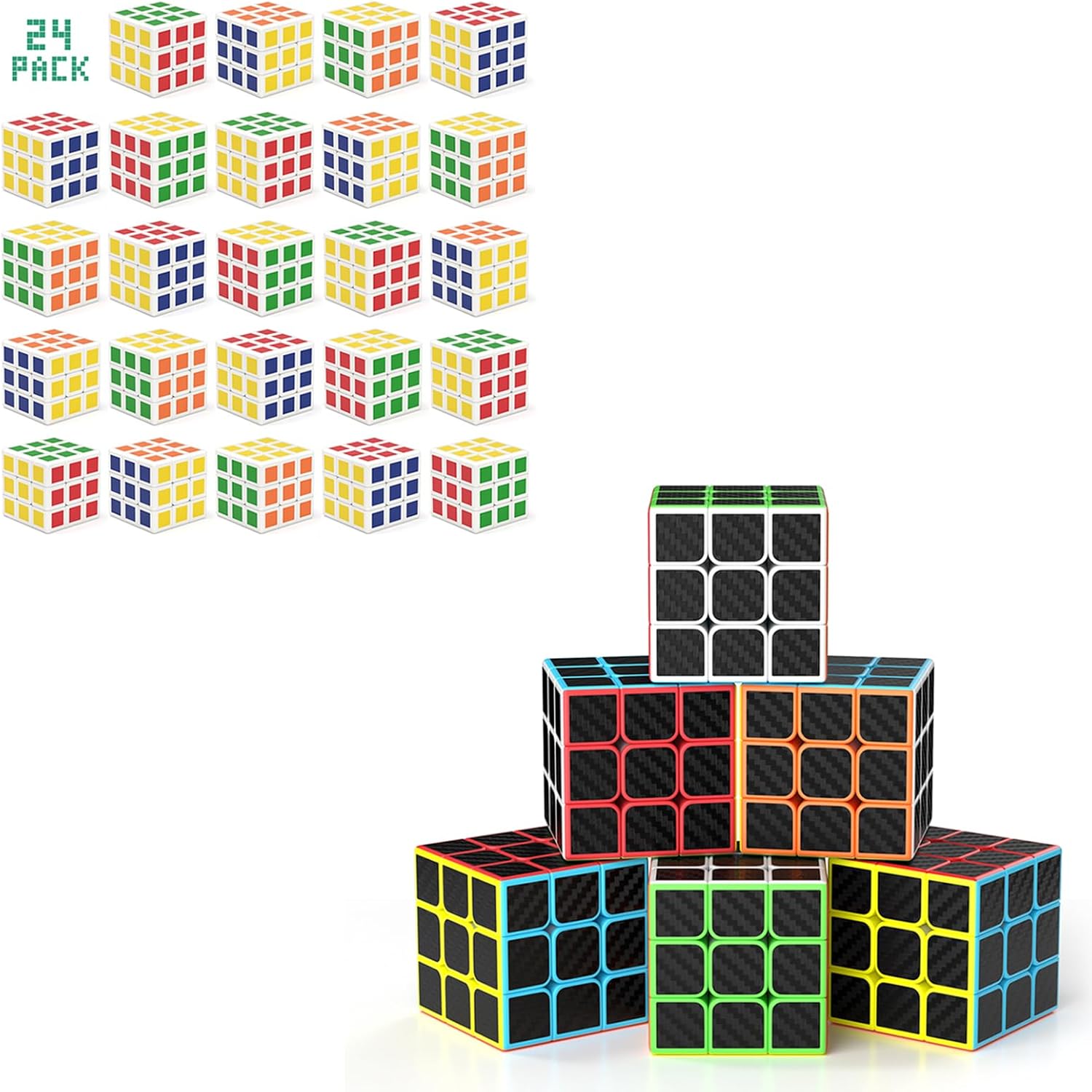 Vdealen 24 Pack Mini Cube Puzzle Party Favors for Kids & 6 Pack 3x3x3 Carbon Fiber Sticker Speed Cube Set