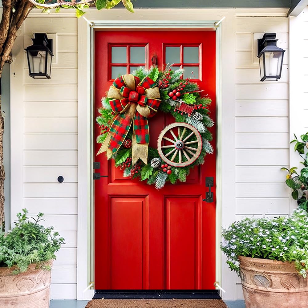 Farmhouse Christmas Pine Ring Door Cover 35x71in Wagon