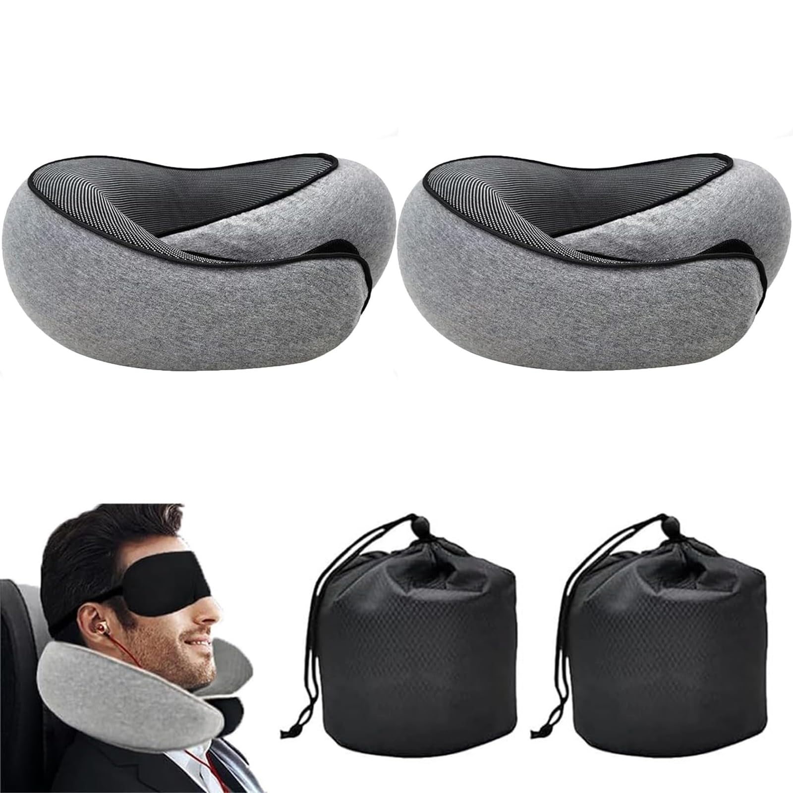 Travel Pillow,Neck Pillow Travel,Airplane Memory Foam Airplane Pillow 360 Degree Support Neck Pillow (2PC Dark Gray)
