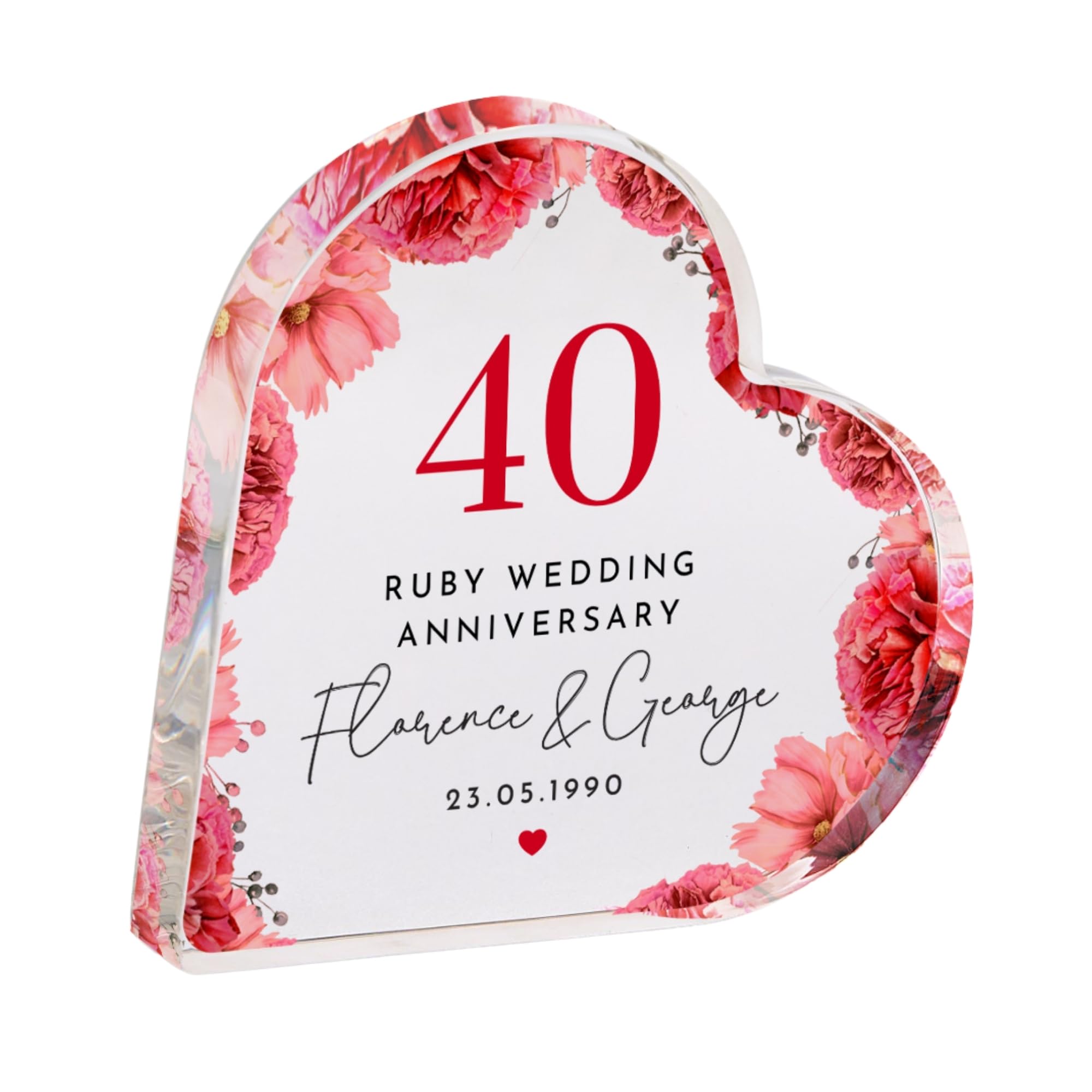 Pomchick - Personalised 40th Wedding Anniversary Ruby Anniversary Heart-Shaped Acrylic Plaque Custom Keepsake with Names & Date Romantic Mum Dad Gift
