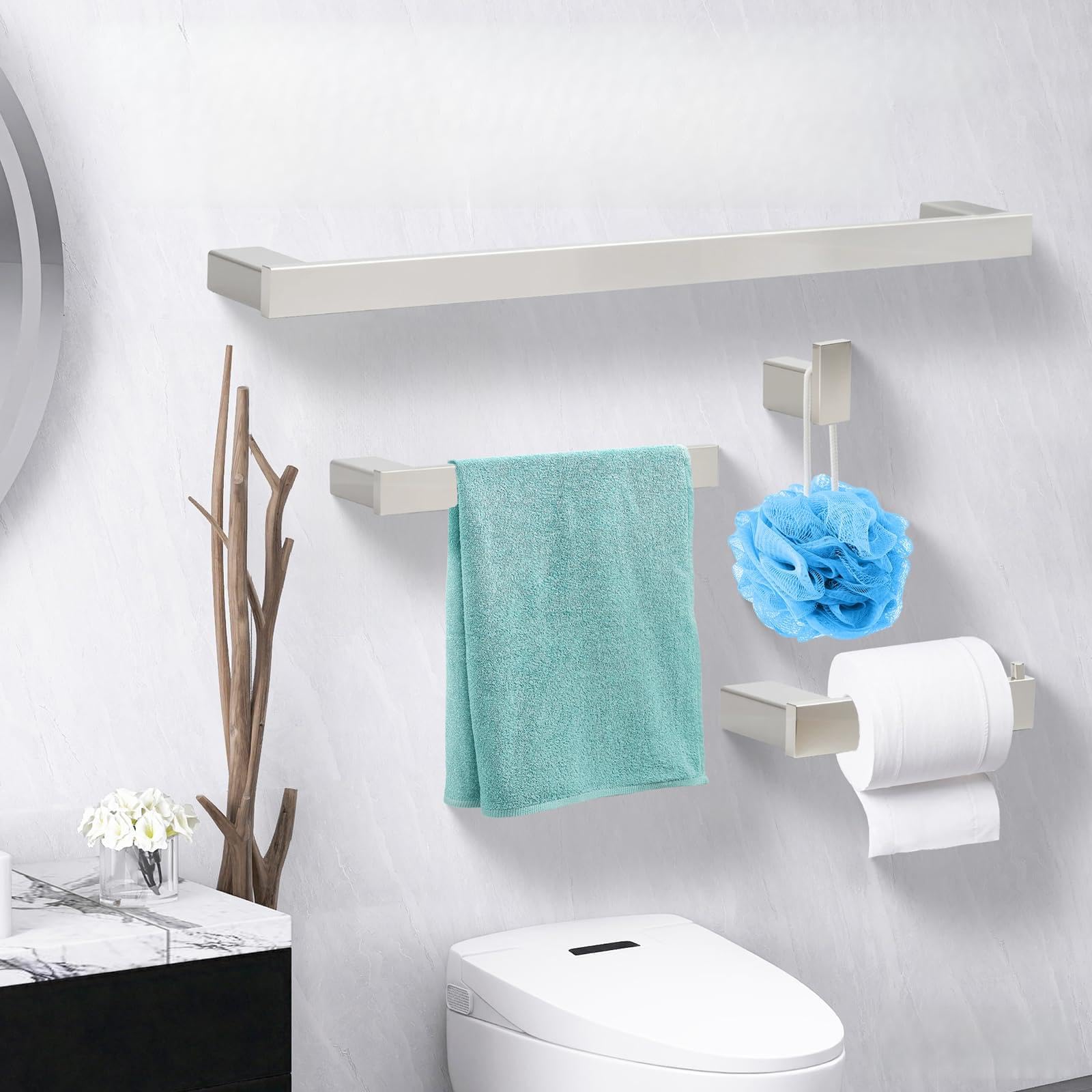 Klabb D68 SS304 Badezimmer-Zubehör-Set mit Handtuchstange, 61 cm, Nickel, gebürstet, 4-teilig