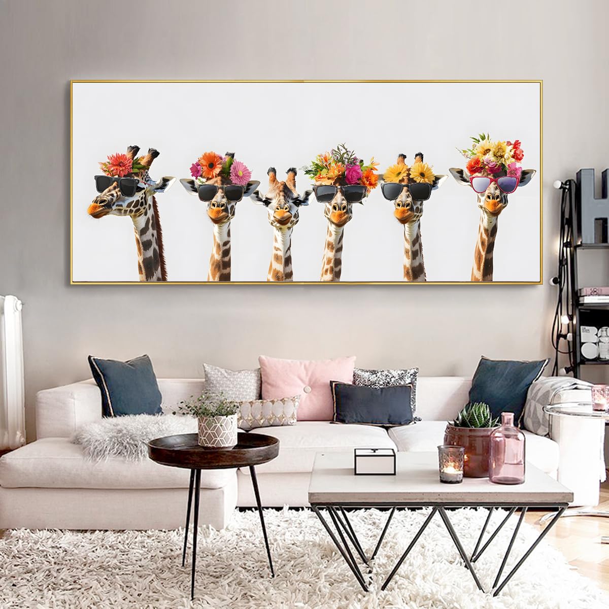 Via Vela Kolorowe żyrafy płótno sztuka ścienna śmieszne zwierzęta nowoczesne wydruki grafika ścienna plakaty moda malarstwo do sypialni wystrój salonu 40x101cm ze złotą ramką