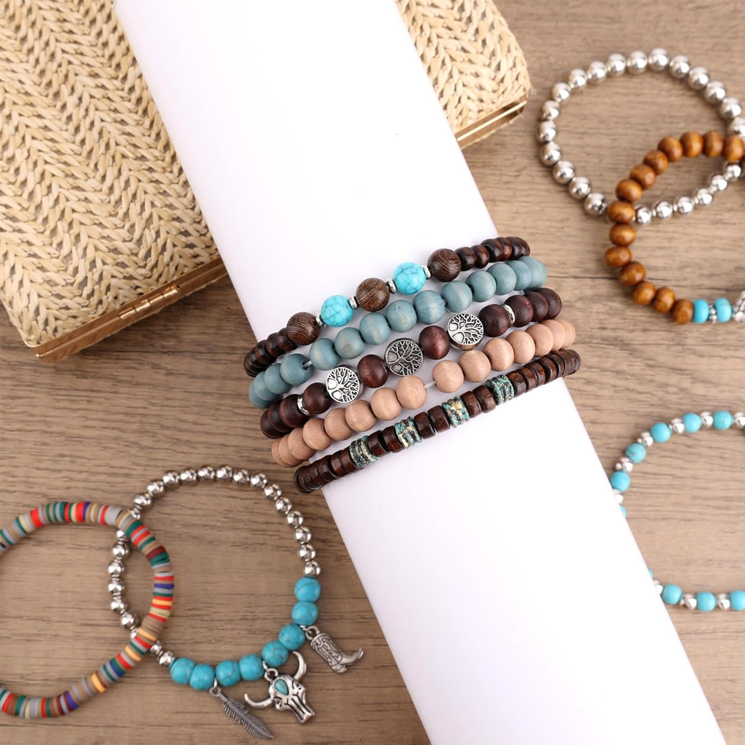10pcs Western Bracelets for Women, Turquoise Bead Boho Bracelets with Pendants Cowgirl Jewelry for Layering Bohemian Country Accessories - Image 3