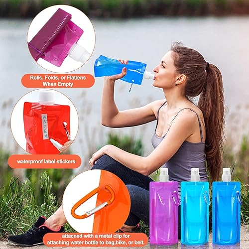 Miniatura 3 de 10 botellas de agua plegables plegables de 16.2 fl oz, a prueba de fugas con mosquetón, sin BPA, bolsas reutilizables para viajes, gimnasio,