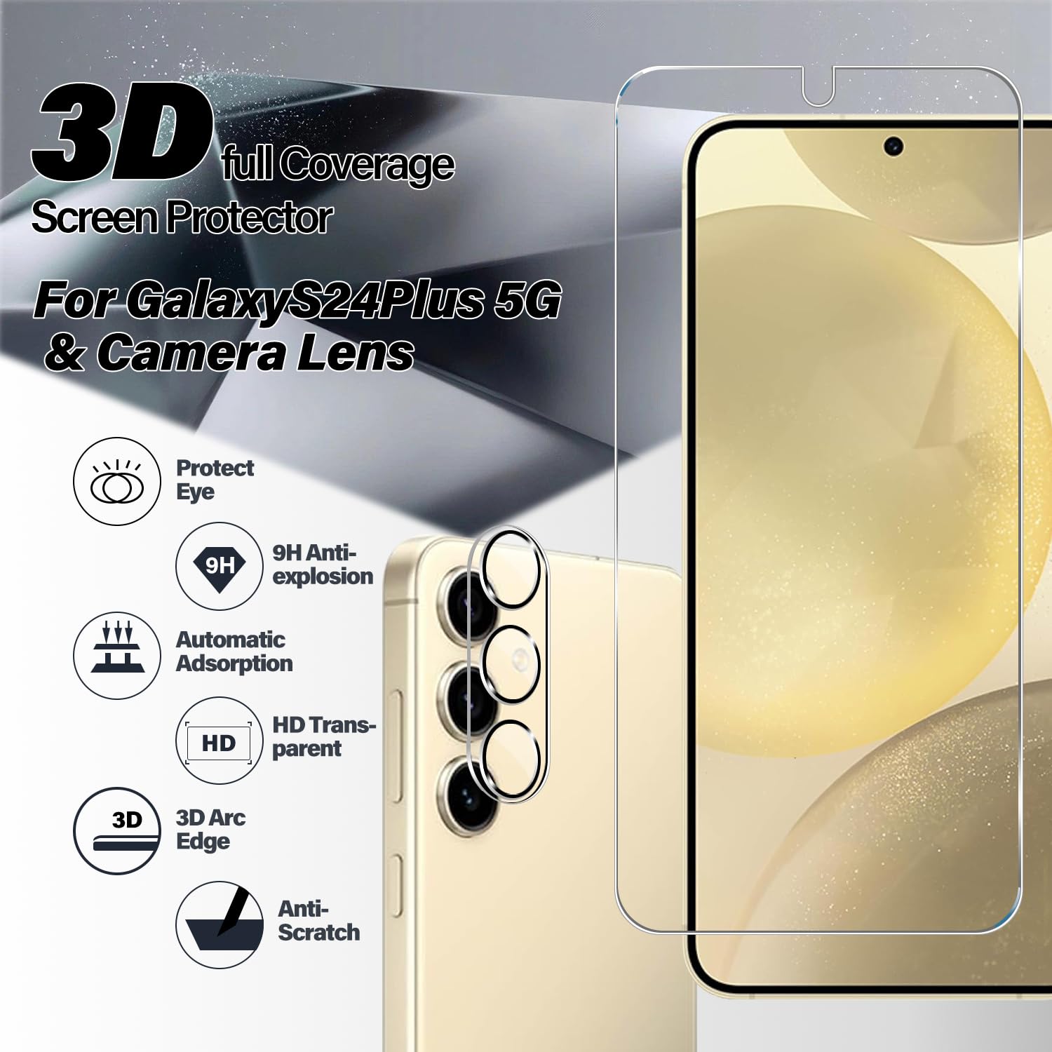 Protector de pantalla de vidrio templado para Galaxy S24 Plus + protector de lente de cámara [paquete de 2 + 2] [compatible con fundas] [antiarañazos] [desbloqueo ultrasónico de huellas dactilares]