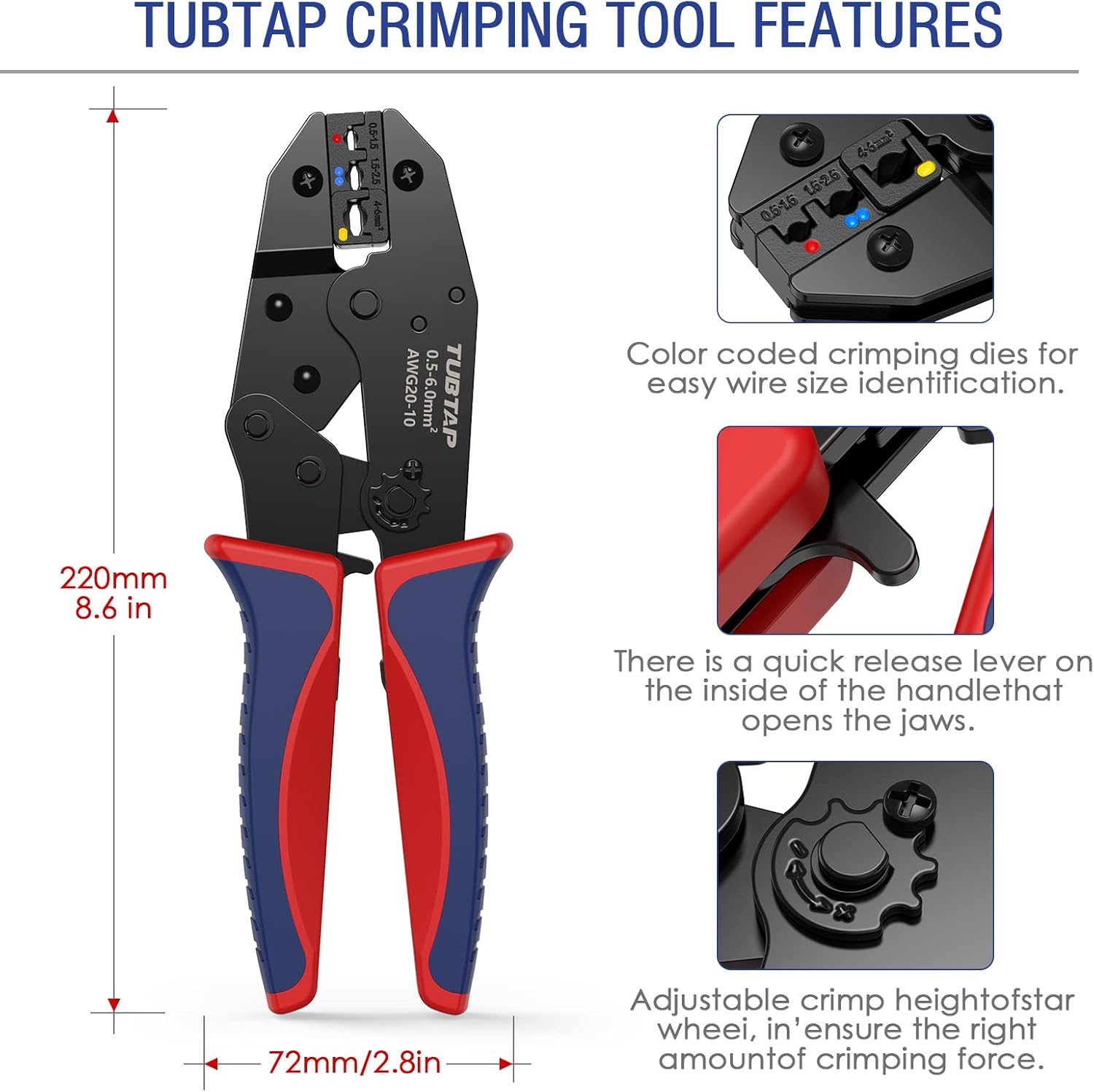 TUBTAP Wire Crimper Tool, Ratcheting Insulated Terminal Crimper for 10-20 AWG Wire, Available For Insulated Nylon Connectors and Electrical Wire Connectors : Everything Else